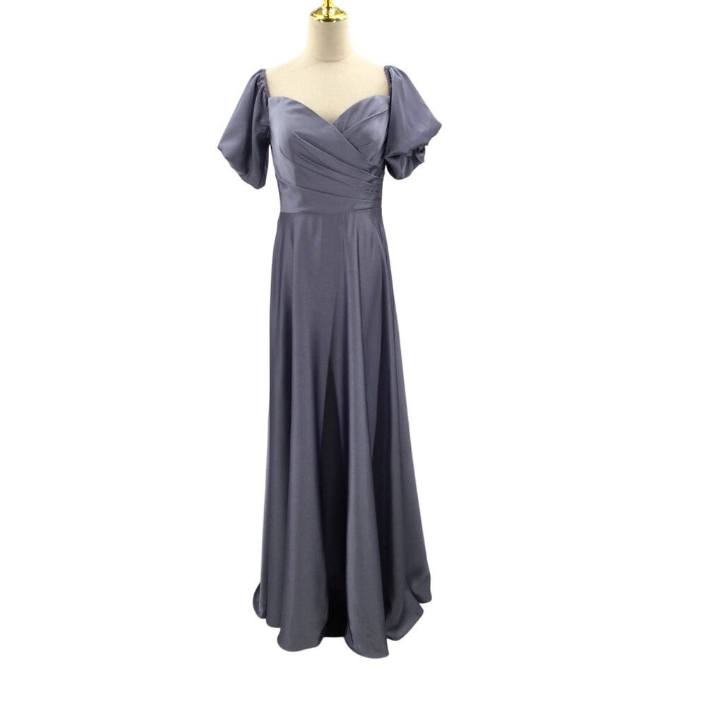 Elegant Slate Blue Maxi Dress with Puff Sleeves